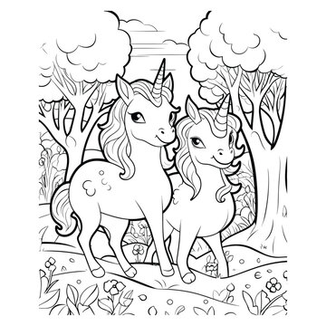 Couple Unicorn Walking In Forest Color Page