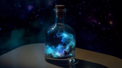 Cinematic Cosmic Capture Smoking in a Jar against a Dark Background with Deep Blue Hues, Delivering High-Quality Visuals of the Celestial Ocean.