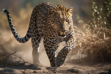 a large leopard running across a dirt field, a photorealistic, generative AI