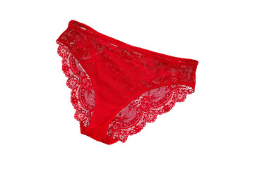 Beautiful women's red panties, no background. sexy lingerie. Elegant red women's underwear, top view