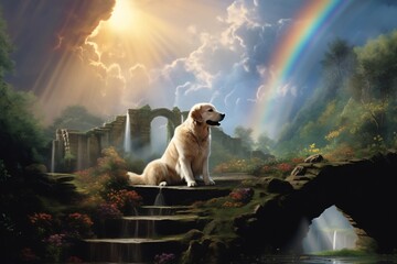 Pet Heaven Serene Rainbow Bridge Sunlight.AI - obrazy, fototapety, plakaty