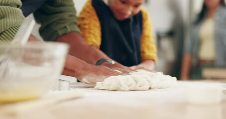 Kitchen, baking and father and children with dough for learning, teaching and child development. Cooking, parents and dad with kids with flour and ingredients to bake for family bonding at home