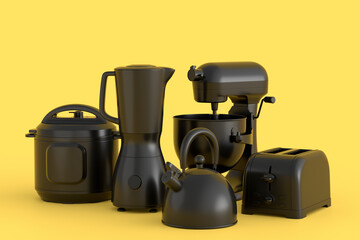 Electric kitchen appliances and utensils for making breakfast on monochrome