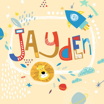 Bright card with beautiful name Jayden in planets, lion and simple forms. Awesome male name design in bright colors. Tremendous vector background for fabulous designs