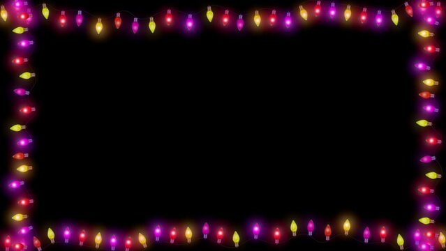 Christmas Bulb Frame Holiday themed frame made up of colorful Christmas lights. Greeting card, festive ornament. Seasonal animation, winter holidays. light show,new year lights,dark background