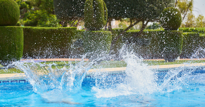 Splashing water in pool with topiary on poolside