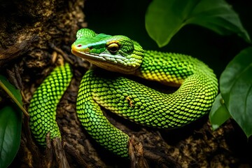 Venomous Bush Viper snake in tree female