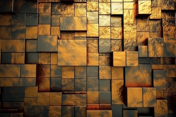 3D Render of Polished Yellow Patina Tile Wallpaper with Rectangular Blocks for a Stunning Wall Background