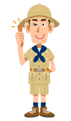 サムズアップする探検家の服を着た男性
