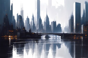 Obraz premium Digital illustration of a city with skyscrapers. Generative AI illustration.