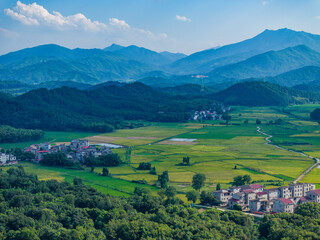 Overlook of Chinese rural houses and river scenery,Aerial photography of pastoral scenery in Jiangxi, China