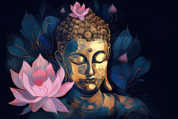 Golden buddha and lotuses, generative AI
