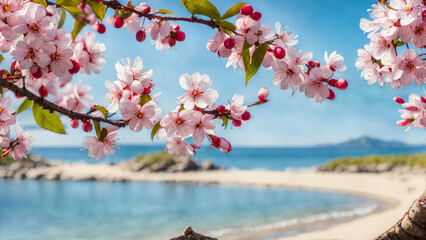 Fototapeta premium Pink cherry blossom, sea background
