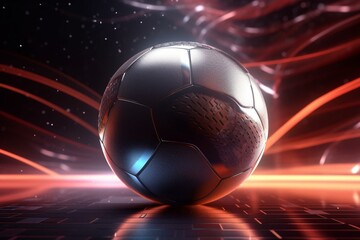 Sports ball on futuristic backdrop. 3D design. Competition theme. Casino environment. Winner scenery. Football, basketball, volleyball, golf and tennis. Copyable. Generative AI