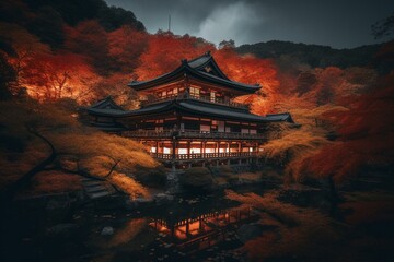 Kyoto's Rurikoin temple shrouded in nightfall amid a burst of fiery red autumn foliage. Generative AI