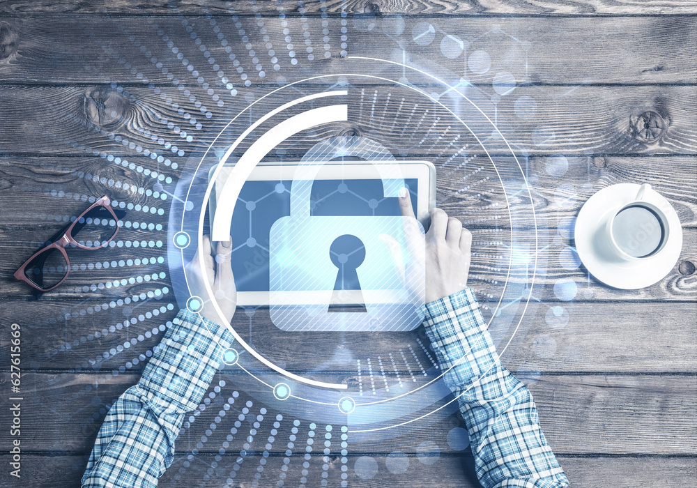 Poster concept of computer access with media lock icon on tablet screen
