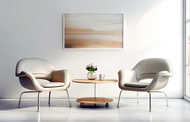 Two white leather chairs and round coffee table near white wall with poster frame. Mid-century style home interior design of modern living room.