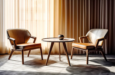 Fototapeta na wymiar Two leather chair at wooden round coffee table against window dressed with beige curtain. Mid-century home interior design of modern living room.