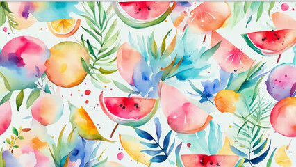 Pattern with watercolor flowers and fruits. Hand-drawn illustration.