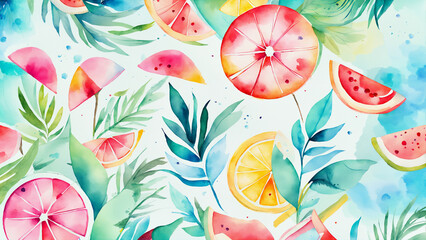 Pattern with watercolor flowers and fruits. Hand-drawn illustration.
