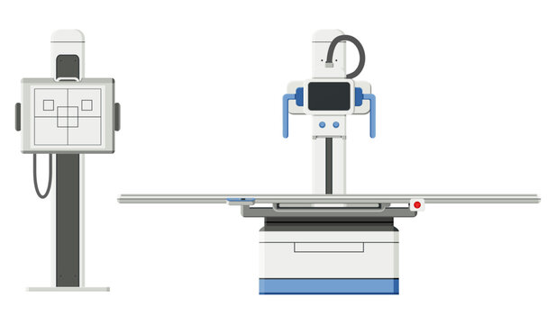 Chest radiographic units, imaging procedure beam X-ray body by radiologist. Healthcare providers use fluoroscopy monitor and diagnose chest certain conditions. Flat design