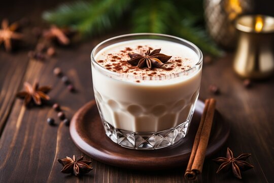 Flat Lay Eggnog Cup with Anise Star on Wooden Surface.AI
