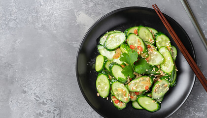 pai huang gua, Chinese Smashed Cucumber salad sprinkled with fresh coriander leaves in a black bowl with chopsticks on a concrete table, flat lay, free space
