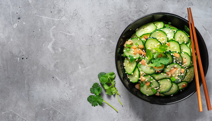 pai huang gua, Chinese Smashed Cucumber salad sprinkled with fresh coriander leaves in a black bowl...