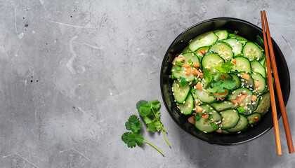 pai huang gua, Chinese Smashed Cucumber salad sprinkled with fresh coriander leaves in a black bowl with chopsticks on a concrete table, flat lay, free space
