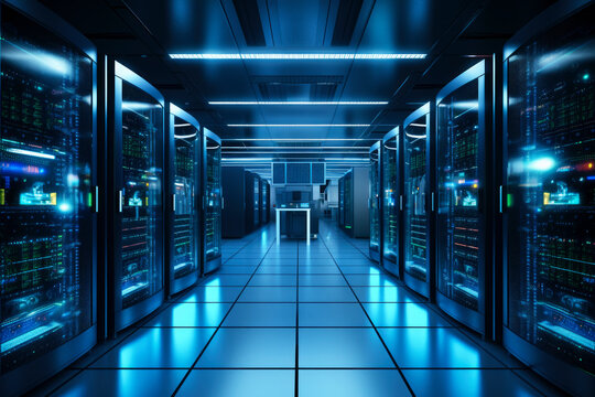 Operational server racks, Big data storage center, Database in server room, Cloud computing technology and network communication concept, Generative AI