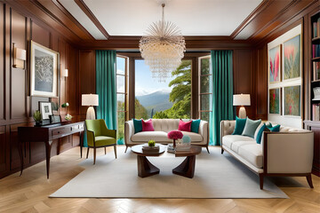 Interior design of a living room, where playful colors, imaginative decor pieces, fairy lights, and a dash of magical charm come together to create a space that sparks joy and creativity.