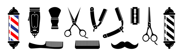 Set of 12 barbershop icons isolated on white background. 12 Barbershop and haircuts salon design elements. Vector illustration 10 eps.