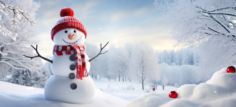 Frosty snowman in a white winter wonderland, ideal for holiday seasons greeting card banner.