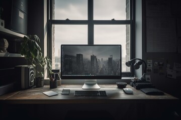 Office space with computer and shelf by wide window. Generative AI