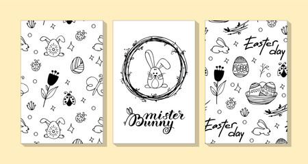 Collection of vector Easter cards. Greeting board with hand drawn spring symbol and pattern. Includes holiday doodle lettering.