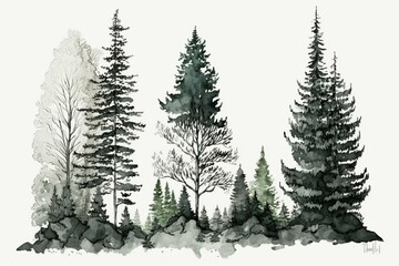 Monochrome watercolor trees, forest landscape. Drawing on white, showing fir, pine, cedar, and fir-tree. Hill, slope, countryside. Generative AI