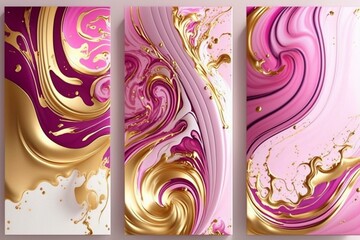 Pink and magenta liquid swirls with gold powder create a luxurious marbling banner. Generative AI