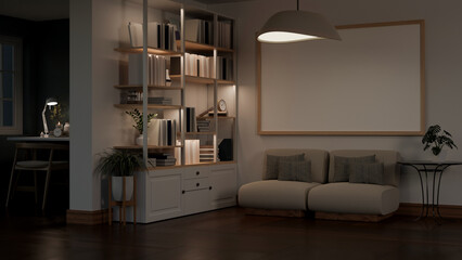 Interior design of a modern and comfortable living room at night with comfy couch