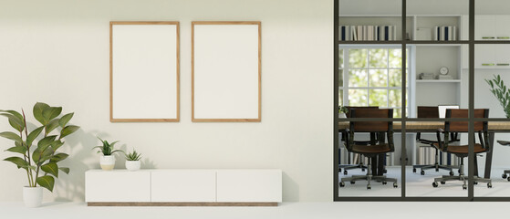 A modern office hallway or corridor with blank frame mockups on white wall, meeting room