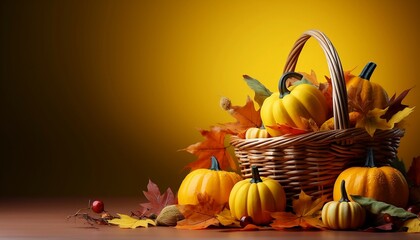 Thanksgiving or Autumnal decoration with pumpkin in wicker basket on orange color background copy space, generative AI