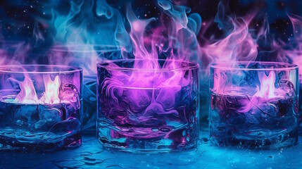 Sparkling Wine Glass Wallpaper with Blue Flames, Silver and Magenta Style, Spectacular and Photorealistic Backdrop