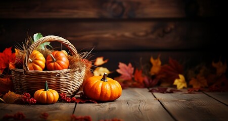 Thanksgiving or Autumnal decoration with pumpkin in wicker basket on wooden background copy space, generative AI