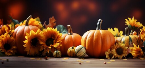 Thanksgiving or Autumnal decoration with pumpkin on wooden background copy space, generative AI