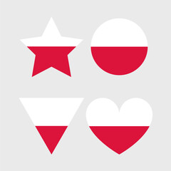 Poland flag vector icons set of illustrations in the shape of heart, star, circle and map.