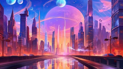 Obraz premium A futuristic abstract cityscape with holographic buildings and flying vehicles. Colorful illustration art. Generative AI