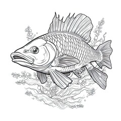 Pike fish animal line art illustration. Black and white coloring page style art. Generative AI