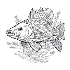 Fototapeta premium Pike fish animal line art illustration. Black and white coloring page style art. Generative AI
