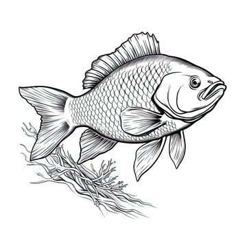Trout animal line art illustration. Black and white coloring page style art. Generative AI