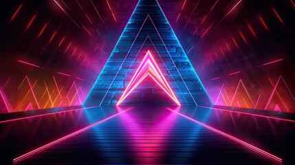 An otherworldly neon stage design with floating tetrahedrons emitting a soft pulsating glow, transporting the audience to a cosmic realm. Abstract futuristic neon light background. Generative AI