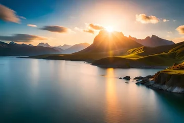 Fotobehang Mistige ochtendstond sunrise over the lake generative by Al technology  